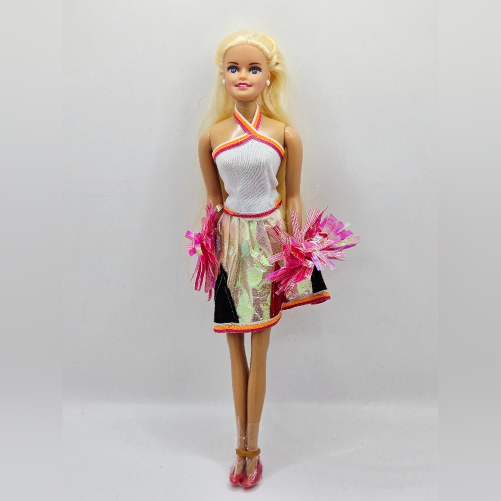 Vintage Blonde Cheerleader Doll Pink Gold Shimmering‎ outfit with PomPoms